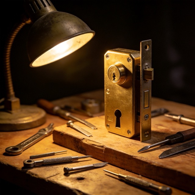 Lock pick tools and training materials laid out on a desk